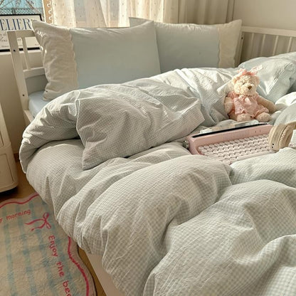 HighBuy Blue Gingham Comforter Set Queen Size with Lace Ruffles,Farmhouse Modern Blue Plaid Checkered Comforter Set Grid Bedding Sets Fluffy 3 Pieces,Gingham Bed Comforter with 2 Pillowcases