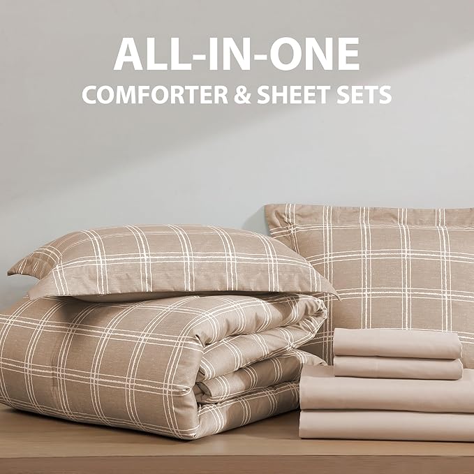 Cathay Home Basic Bedding Home Essential Ultra Soft Lightweight 7PC Wrinkle Resistant Microfiber Bed in a Bag Set (Includes Complete Sheet Set & Comforter Set) - Taupe Plaid, King