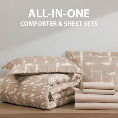 Cathay Home Basic Bedding Home Essential Ultra Soft Lightweight 7PC Wrinkle Resistant Microfiber Bed in a Bag Set (Includes Complete Sheet Set & Comforter Set) - Taupe Plaid, Queen