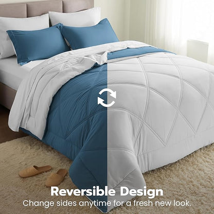 Joiedomi Twin Comforter Set with Sheets Blue, 5 Pieces Twin Bedding Sets with 1 Down Alternative Comforter, 1 Flat Sheet, 1 Fitted Sheet, 1 Pillowcase and 1 Pillow Sham, Bed in a Bag for All Seasons
