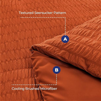 HYMOKEGE Burnt Orange California King Comforter Set Seersucker 7 Pieces, All Season Luxury Bed in a Bag for Bedroom, Bedding Set with Comforters, Sheets, Pillowcases & Shams