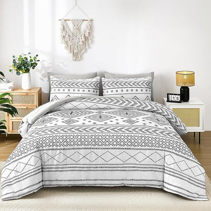 Yiran White Comforter Set Queen Size, 7 Piece Boho Aztec Bedding Set, Bohemian Bed in a Bag Queen, Soft Microfiber Striped Complete Bedding Set with Sheets for All Season