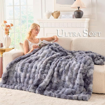 BENVWE Fluffy Faux Fur Throw Blanket for Couch - Soft, Plush, Thick, Cozy, Fuzzy Luxury Minky Bubble Blanket for Home Living Room Decor, Gifts for Women, Tie-dye Light Grey, 63" x 80", 1100GSM