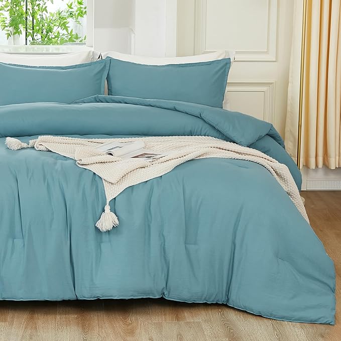 Litanika Grayish Teal Comforter Full Size, 3 Pieces Lightweight Solid Bedding Set, All Season Fluffy Bed Set (79x90In Comforter & 2 Pillowcases)