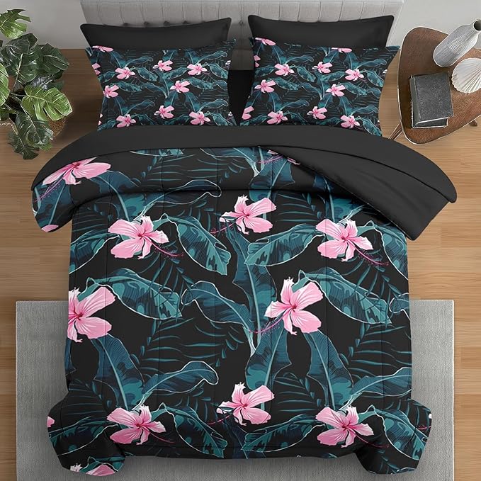 Comforter Set King Size, Summer Palm Leaf Banana 7 Pcs Bedding for Kids and Adults, Hibiscus Flower Bed Sheet Sets with Fitted Sheet 2 Pillowcases & 2 Shams for Bedroom Bed Decor