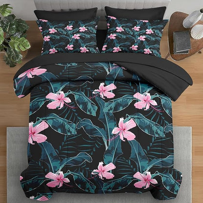 Comforter Set Queen Size, Summer Palm Leaf Banana 7 Pcs Bedding for Kids and Adults, Hibiscus Flower Bed Sheet Sets with Fitted Sheet 2 Pillowcases & 2 Shams for Bedroom Bed Decor