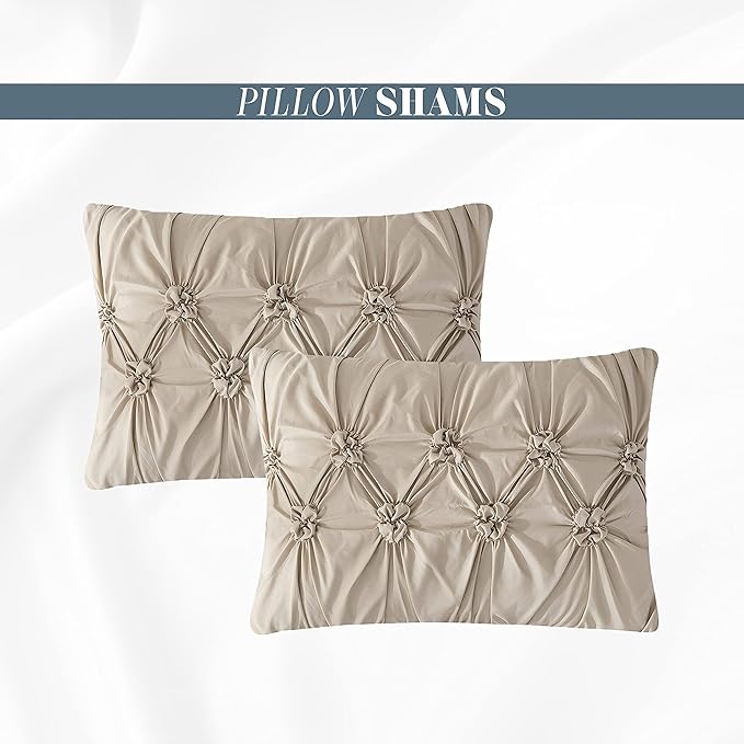 Elegant Comfort 12-Piece Bed-in-a-Bag, Ella Pleated Ruched Pintuck Comforter Set, 6-Piece Sheet Set Featuring Smart Pockets, Matching Decorative Pillows, All Season Bedding, California King, Linen