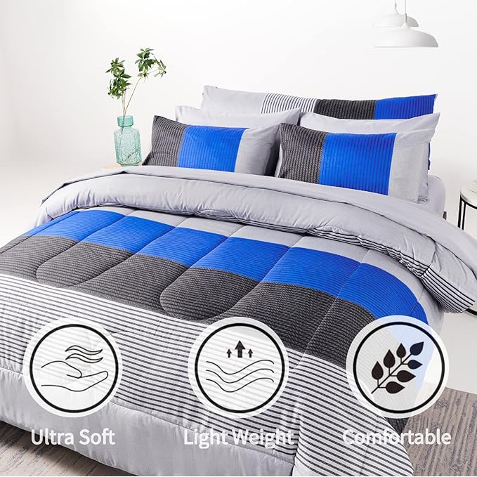 RYNGHIPY 8Pcs Blue and Grey Stripe Comforter Set Full Size, Ultra Soft Microfiber Filling Patchwork Comforter Duvet, Bed Sheets and Pillowcases (Full,Blue Grey)