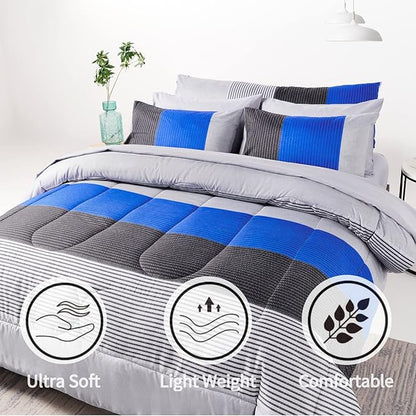RYNGHIPY 8Pcs Blue and Grey Stripe Comforter Set Queen Size, Ultra Soft Microfiber Filling Patchwork Comforter Duvet, Bed Sheets and Pillowcases (Queen,Blue Grey)