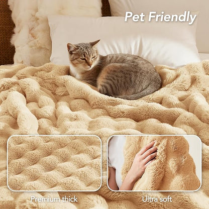L'AGRATY Faux Rabbit Fur Blanket: 90" x 90" Queen Luxury Soft Fluffy Thick Fur Throw Blanket for Couch Bed - Cozy Plush Bubble Blankets for Winter: Flannel Fleece Decorative Blanket(Milk Tea Brown)