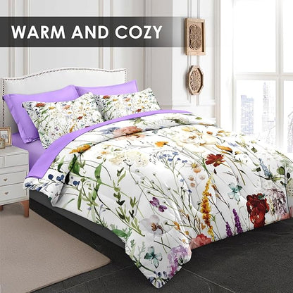 Comforter Set Queen Size, Wildflower Floral 7 Pcs Bedding for Kids and Adults, Boho Red Rose Butterfly Bed Sheet Sets with Fitted Sheet 2 Pillowcases & 2 Shams for Bedroom Bed Decor