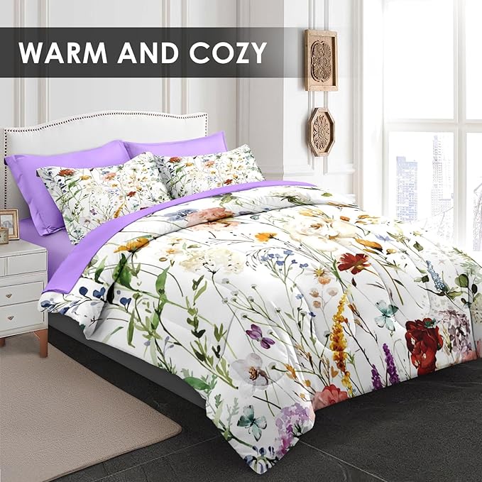 Comforter Set Twin Size, Wildflower 5 Pcs Bedding for Kids and Adults, Multicolored Floral Bedding Sets with Fitted Sheet Pillowcase & Sham for Bedroom Bed Decor