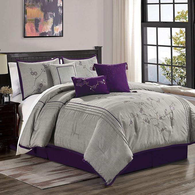 Chezmoi Collection Miki 7-Piece Luxury Floral Purple/Gray Cherry Blossom Embroidery Comforter Set, Queen