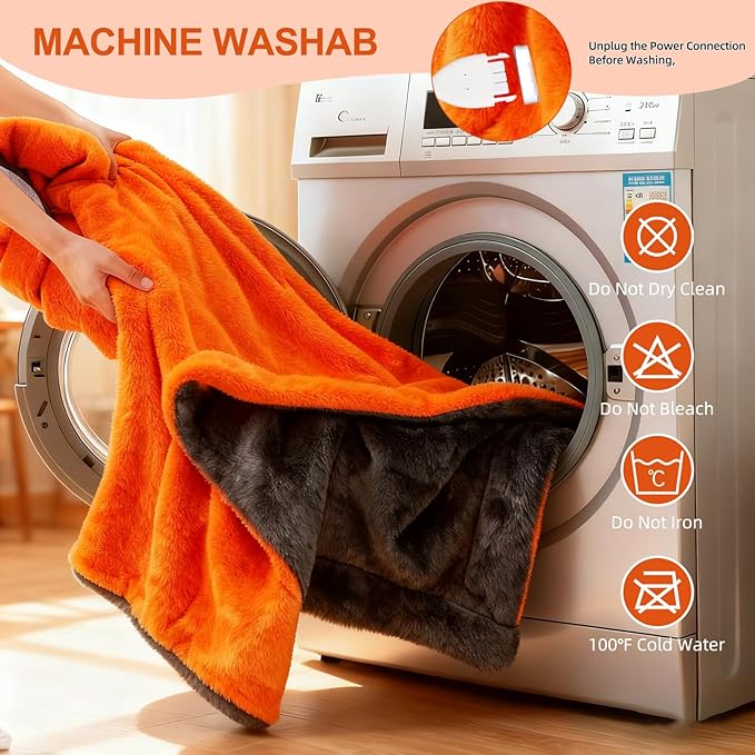 Electric Heated Blanket Throw 50" x 60" Soft Dual-Sided Flannel Fast Heating 12 Heat Levels 1–12H Timer & Overheat Protection & Auto Shut-Off & Machine Washable (Orange)