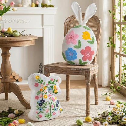Lanpn Easter Bunny Egg Shaped Throw Pillows Set of 2, Floral Embroidered Rabbit Decorative Cushions for Sofa Couch Bedroom Spring Holiday Home Decor (White)
