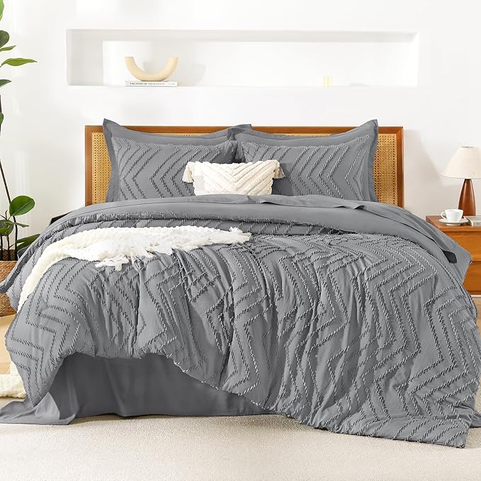 Litanika Queen Size Comforter Set with Sheets Medium Gray - 7 Pieces Bed in a Bag Queen Chevron Tufted Complete Bedding Sets with Comforter, Sheets, Pillowcases & Shams