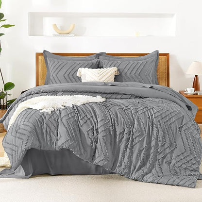 Litanika King Size Comforter Set with Sheets Medium Gray - 7 Pieces Bed in a Bag King Chevron Tufted Complete Bedding Sets with Comforter, Sheets, Pillowcases & Shams