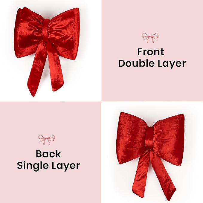 AELS Bow Pillow Decorative Throw Pillow, Shining Velvet Cute Pillow, 15.3"" & 13.7"" for Valentine's Day, Wedding, Christmas, Living Room, Bedroom, Nursery Decor, Red