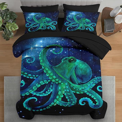Comforter Set Full Size, Blue Octopus Sea 7 Pcs Bedding for Kids and Adults, Space Colorful Star Bed Sheet Sets with Fitted Sheet 2 Pillowcases & 2 Shams for Bedroom Bed Decor