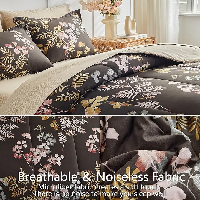 AIKASY Bed in a Bag 7 Pieces Queen Size - Floral Print - Soft Microfiber, Reversible Bed Comforter Set (1 Comforter, 2 Pillow Shams, 1 Flat Sheet, 1 Fitted Sheet, 2 Pillowcases)（Black, Queen）