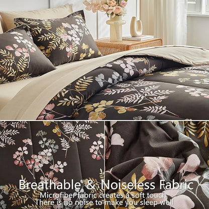 AIKASY Bed in a Bag 7 Pieces Queen Size - Floral Print - Soft Microfiber, Reversible Bed Comforter Set (1 Comforter, 2 Pillow Shams, 1 Flat Sheet, 1 Fitted Sheet, 2 Pillowcases)（Black, Queen）