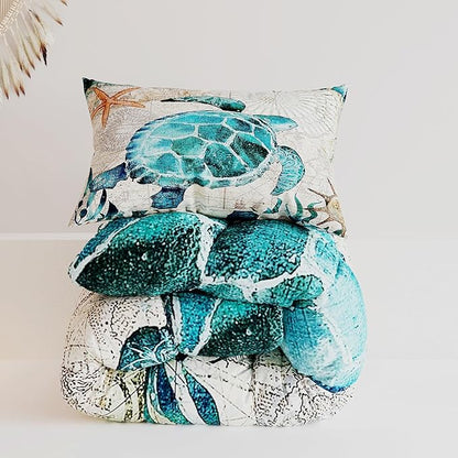 Sea Turtle Comforter Sets for Kids Adults,3D Ocean Pattern with Bright Colors,Decorative Bedding Comforter Sets with 2 Pillow Shams, Twin Size