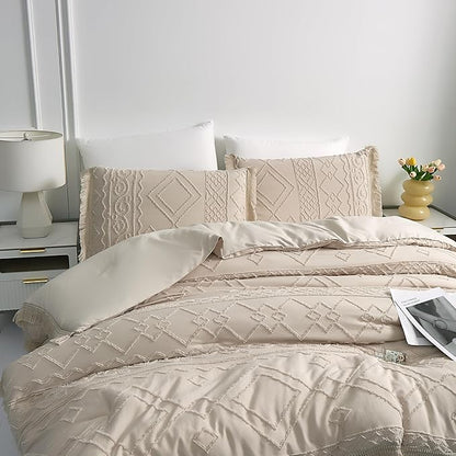 Boho King Size Comforter Set Beige 3 Pieces Tufted Tassel King Comforter Set Prime Lightweight Down Comforter King Size Beige Shabby Chic Boho Bedding Farmhouse Fluffy Comforter Bed Set Gift Choice