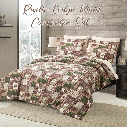Comforter Set King Size Bear Moose Plaid Comforter Bedding-7 Piece Bed in a Bag,Soft Reversible Patchwork Microfiber Bedding Set (1 Comforter,1 Flat Sheet,1 Fitted Sheet,2 Pillowcases,2 Pillow Shams)
