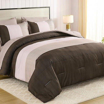 Anibedding Brown Queen Comforter Set 7 Pieces, Chocolate and White Patchwork Striped Bed in a Bag with Sheet Pillowcase for Queen Bed All Season