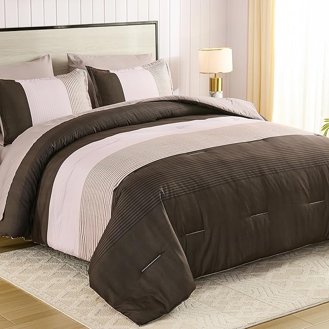 Anibedding King Size Comforter Set 7 Pieces, Chocolate Brown Bedding Set Patchwork Striped Bed in a Bag, Soft Microfiber Comforter Set with Sheets for All Season