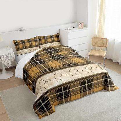 Manfei Ducks Silhouettes Kids Comforter Set Full Size,Cartoon Animals Cute Bedding Set,Girls Boys Adults Bedroom Decor,Geometric Plaids Splicing Down Comforter,Brown Rustic Duvet Insert,2 Pillowcases