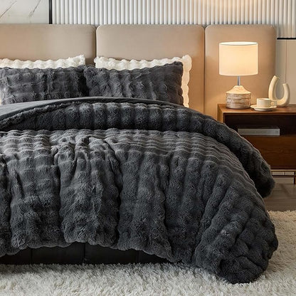 King Faux Rabbit Fur Comforter Set - 3 Pieces Fluffy Bedding Set Ultra Soft Warm Shaggy Winter Flannel Bed Set, Luxury Skin Friendly Sherpa Comforter Set & 2 Pillow Shams for Thanksgiving Dark Gray