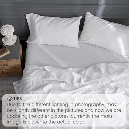 Simple&Opulence Belgian Linen Sheet Set Solid Color - 4 Pieces (1 Flat Sheet, 1 Fitted Sheet & 2 Pillowcases) Natural Flax Cotton Blend Soft Breathable Farmhouse Bedding - Queen Size, White