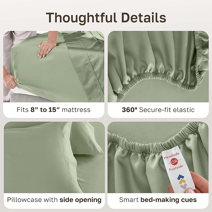 California Design Den Natural 100% Cotton Bed Sheets Twin Size Set - Luxury 600 Thread Count Sateen, Fully Elasticized Deep Pocket Sheet Set, Cool and Durable Hotel Quality Bedding - Laurel Green