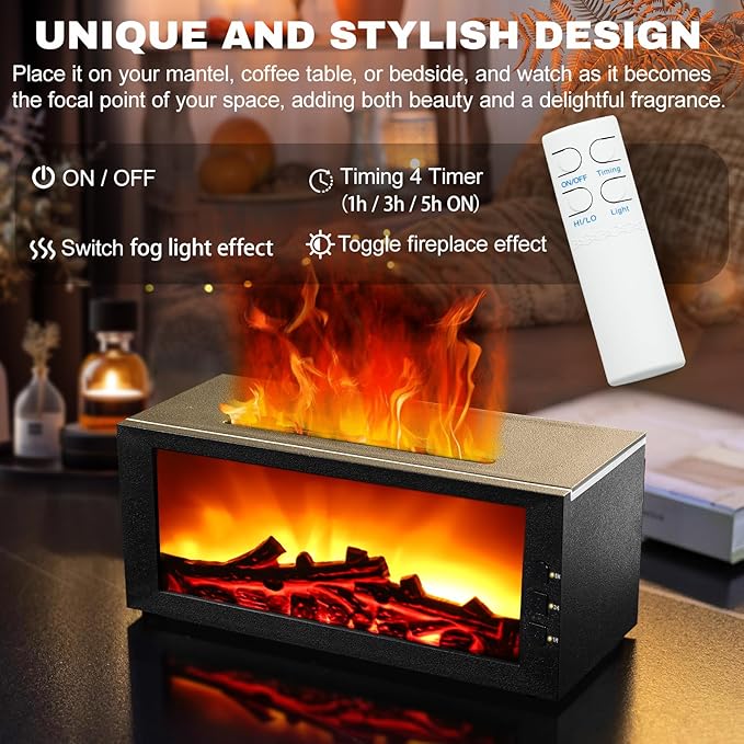 Upgraded 300ml Fireplace Diffuser Essential Oill X3,7 Colorful Large Flame Fire Humidifier Changing Aroma Diffuser for Aromatherapy Yoga Room Bedroom, Room, Office, Home with Remote Timer and Auto Off