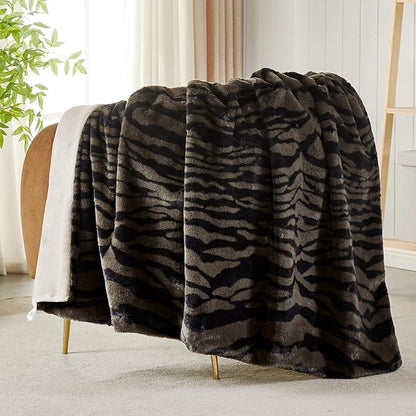JONIYEAR Soft Fluffy Tiger Print Faux Rabbit Fur Blanket Twin Size 60" x 70",Oversized Luxury Decorative Cozy Shaggy Fuzzy Blankets,Reversible Warm Animal Printed Blanket for Women Winter,Brown Coffee