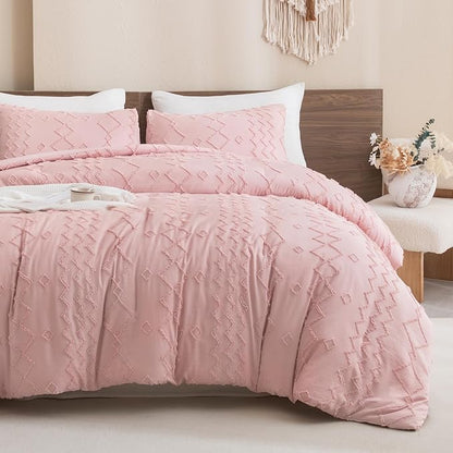 Andency Pink Tufted Comforter Set Full, 3 Pieces(1 Boho Comforter, 2 Pillowcases) Textured Farmhouse Comforter, Soft Microfiber Down Alternative Geometric Bedding Set (79x90Inch)