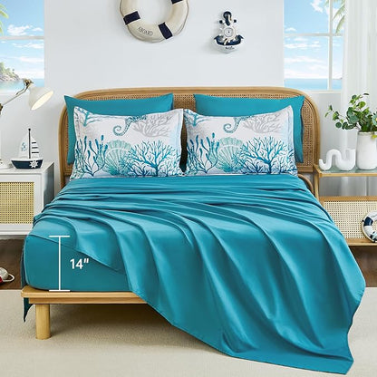 WONGS BEDDING Coastal Comforter Set Queen, Beach Themed Comforter,7 Pieces Ocean Nautical Seaweed & Starfish Bed in a Bag (90"×90")