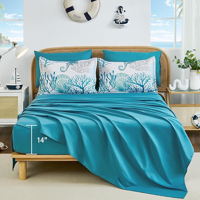 WONGS BEDDING Coastal Comforter Set King, Beach Themed Comforter,7 Pieces Ocean Nautical Seaweed & Starfish Bed in a Bag (104"×90")