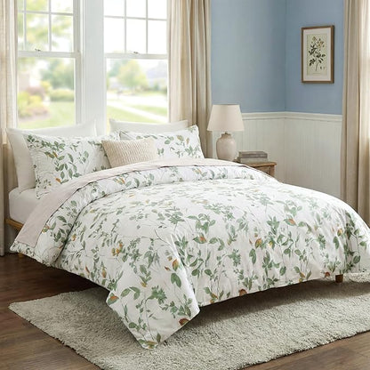 Floral Comforter Set Queen Size 100% Cotton Comforter Green Floral Bedding Comforter Set 3 Pcs Ultra Soft and Easy Care Reversible Lightweight Bedding Sets