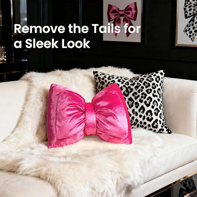 AELS Bow Pillow Decorative Throw Pillow, Shining Velvet Cute Pillow, 15.3"" & 13.7"" for Valentine's Day, Wedding, Christmas, Living Room, Bedroom, Nursery Decor, Hot Pink