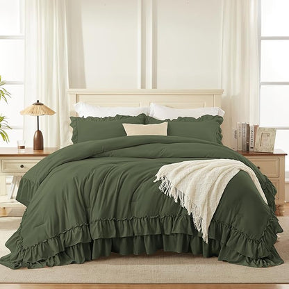 Andency Olive Green Full Size Comforter Set (79x90Inch), 3 Pieces Fluffy Shabby Chic Ruffle Bedding Comforter Sets, All Season Soft Lightweight Microfiber Bed Set