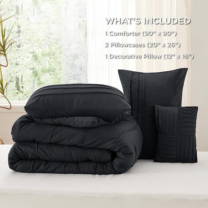 Bedsure Queen Comforter Set - 4 Pieces Pinch Pleat Bed Set, Black Boho Bedding for All Season, 1 Soft Comforter, 2 Pillowcases, 1 Decorative Pillow