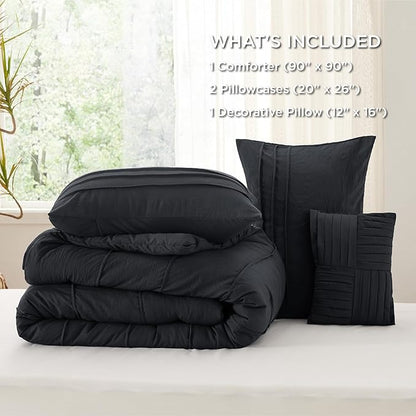 Bedsure Queen Comforter Set - 4 Pieces Pinch Pleat Bed Set, Black Boho Bedding for All Season, 1 Soft Comforter, 2 Pillowcases, 1 Decorative Pillow