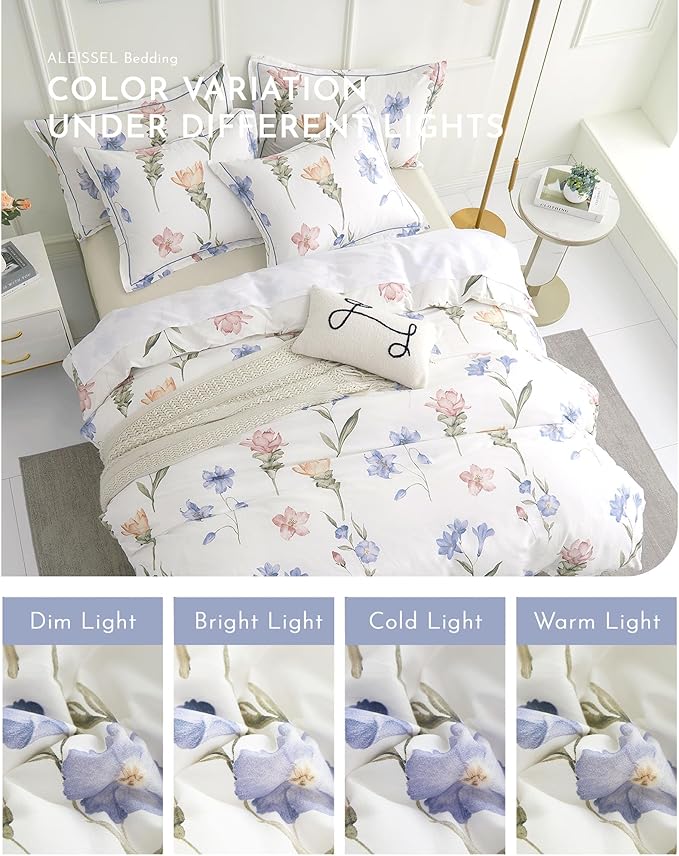 Natural Cotton 3pcs Floral Comforter Sets King Size - White Comfoter with Blush,Blue & Beige Floral Prints, Neutural Refresh Lightweight Bedding Sets(King 104"×90")