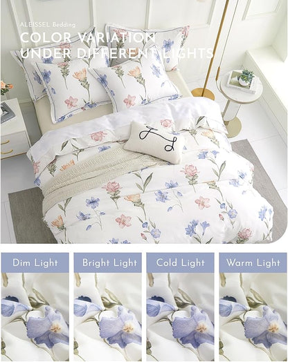 Natural Cotton 3pcs Floral Comforter Sets King Size - White Comfoter with Blush,Blue & Beige Floral Prints, Neutural Refresh Lightweight Bedding Sets(King 104"×90")