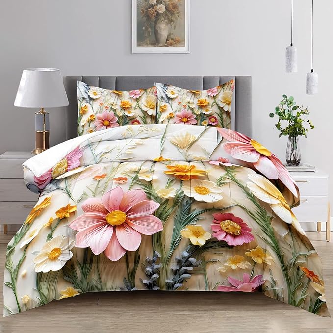Raphus cucullatus Floral Comforter Set Queen Size,Pink Flower Bedding Set,Botanical Pretty Floral Quilt Queen Size for Modern Farmhouse Decor