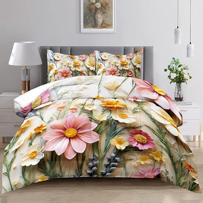 Raphus cucullatus Floral Comforter Set Queen Size,Pink Flower Bedding Set,Botanical Pretty Floral Quilt Queen Size for Modern Farmhouse Decor