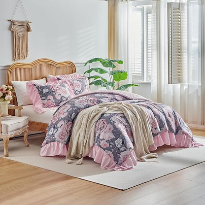 Flower Comforter Set Twin Size 68 * 86in - Gray Pink Floral with Leave Style -3 Pieces Shabby Chic Farmhouse Bedding with Ruffled Fringe Rustic Lightweight Botantical Ruffle Comforter with Shams