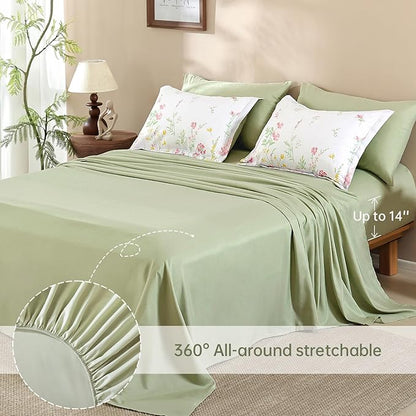 Yiran 7 Piece Pink Green Floral Comforter Set King Size, Cute Botanical Comforters Lightweight Coquette Bedding Set Flower Bed in a Bag Soft Farmhouse Bedding Set with Sheets for Women